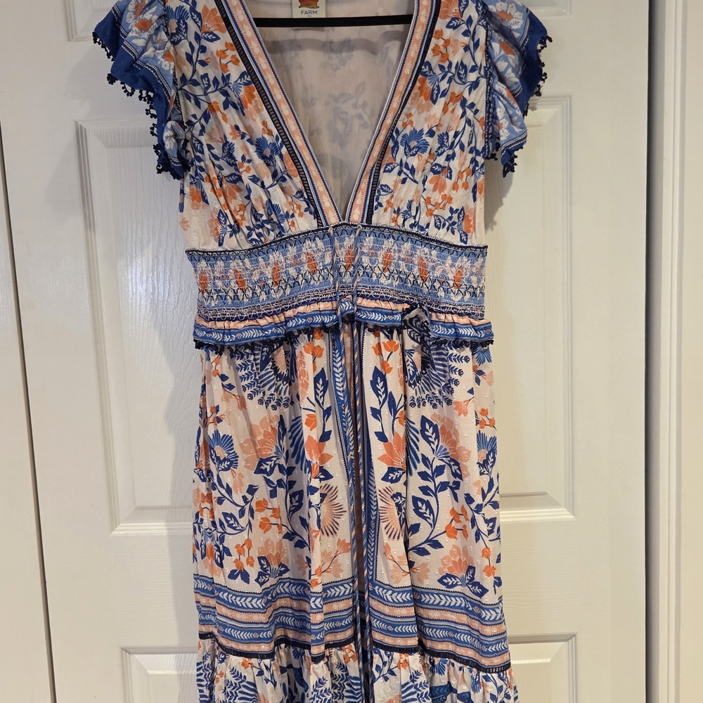 FARM Rio X Anthropologie Ruffle Sleeve Smocked Waist Dress